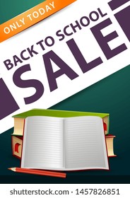 Back to school sale, green vertical discount banner with school textbooks and notebook