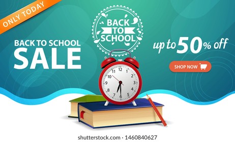 Back to school sale, green web banner template with button, school books and alarm clock