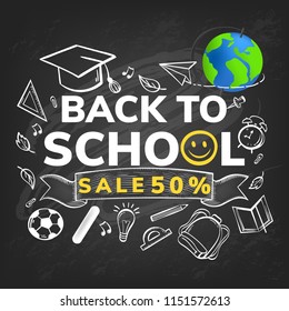 Back to school Sale hand-drawn doodles chalkboard background. Vector illustration Eps 10.
