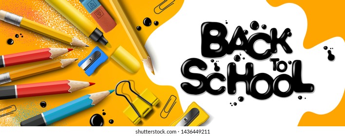 Back to school sale horizontal banner, yellow background. First day of school, vector illustration.