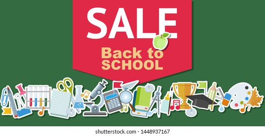 Back to school sale horizontal banner. Educational design concept. Vector illustration.