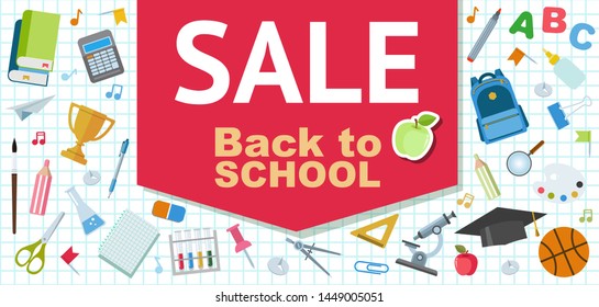 Back to school sale horizontal banner. Set of school elements. Educational design concept. Vector illustration.