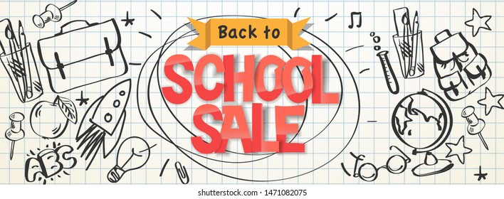 Back to school Sale horizontal banner, doodle background, vector illustration.