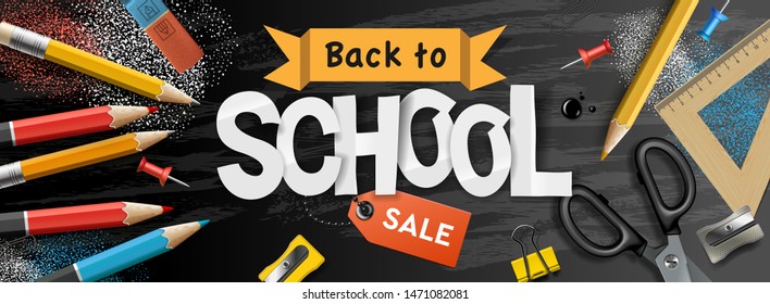 Back to school Sale horizontal banner, pencils and supplies on black chalkboard background, vector illustration.vector illustration.