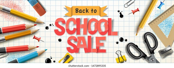 Back to school Sale horizontal banner, pencils and supplies on checkered paper background, vector illustration.vector illustration.