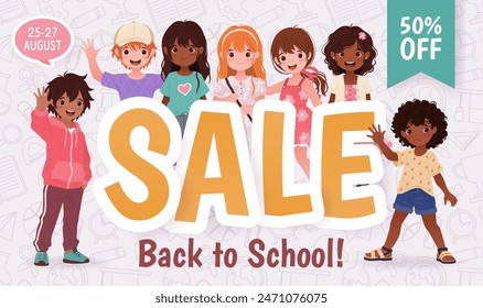 Back to School Sale. Horizontal banner template with little preschool boys and girls for educational designs, promotions, advertising, sale banners. Vector illustration featuring cartoon children.