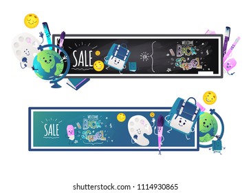 Back to school sale horizontal banners set with school items cartoon characters with cute smiling faces around blackboards with chalk sign isolated on white background. Vector illustration.