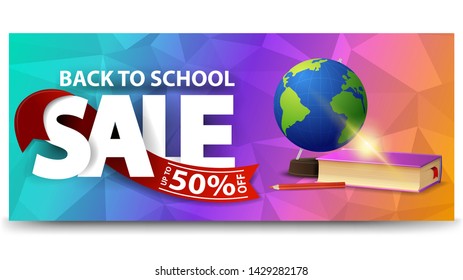 Back to school sale, horizontal discount web banner for your website with globe and school textbooks