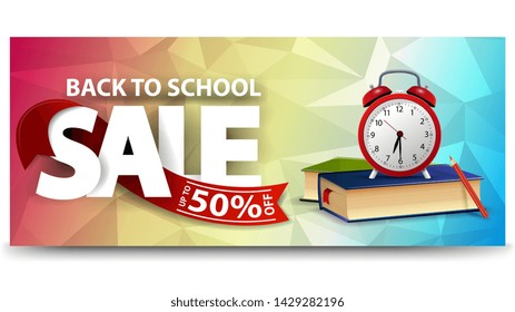 Back to school sale, horizontal discount web banner for your website with school books and alarm clock