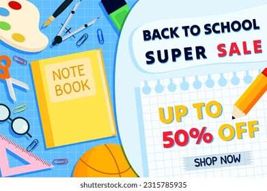 Back to school sale horizontal template with school items.