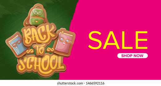Back to school sale horizontal web banner background with with funny cartoon supplies like pencil ,book, bag, eraser. 