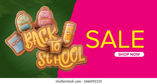 Back to school sale horizontal web banner background with with funny cartoon supplies like pencil ,book, bag, eraser. 