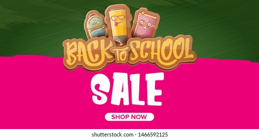 Back to school sale horizontal web banner background with with funny cartoon supplies like pencil ,book, bag, eraser. 