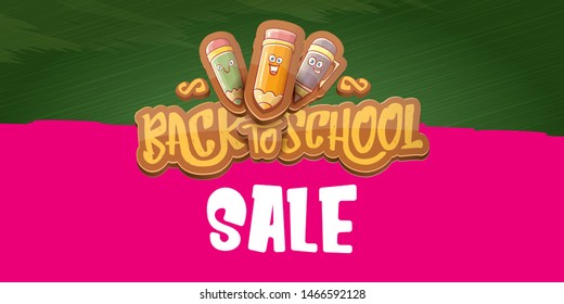 Back to school sale horizontal web banner background with with funny cartoon supplies like pencil ,book, bag, eraser. 