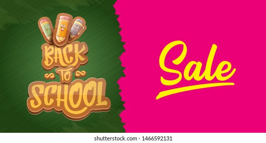 Back to school sale horizontal web banner background with with funny cartoon supplies like pencil ,book, bag, eraser. 
