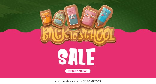 Back to school sale horizontal web banner background with with funny cartoon supplies like pencil ,book, bag, eraser. 