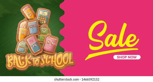 Back to school sale horizontal web banner background with with funny cartoon supplies like pencil ,book, bag, eraser. 