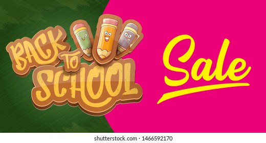 Back to school sale horizontal web banner background with with funny cartoon supplies like pencil ,book, bag, eraser. 