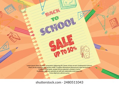 Back to school sale icons around with notebook and sunburst background 