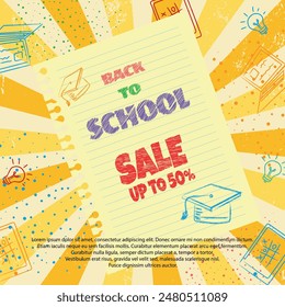 Back to school sale icons around and yellow sunburst background