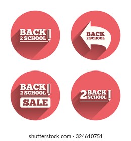 Back to school sale icons. Studies after the holidays signs. Pencil symbol. Pink circles flat buttons with shadow. Vector