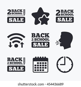 Back to school sale icons. Studies after the holidays signs. Pencil symbol. Wifi internet, favorite stars, calendar and clock. Talking head. Vector