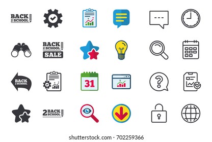 Back to school sale icons. Studies after the holidays signs. Pencil symbol. Chat, Report and Calendar signs. Stars, Statistics and Download icons. Question, Clock and Globe. Vector