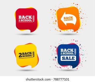 Back to school sale icons. Studies after the holidays signs. Pencil symbol. Speech bubbles or chat symbols. Colored elements. Vector