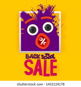 Back to school Sale ink splash monster face with eyes and open mouth looking on yellow background. Hand Lettering for banners, posters, flyers. Creative sketch design advertising