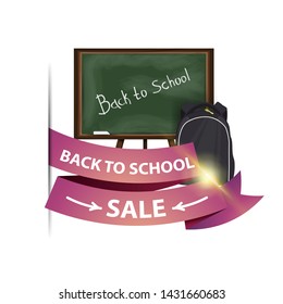 Back to school sale, isolated web banner with ribbon, school Board and school backpack