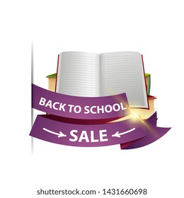 Back to school sale, isolated web banner with ribbon, school textbooks and notebook