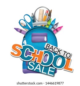 Back to school sale kids backpack full of study supplies isolated on white background. Vector illustration.