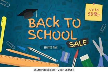 Back to School SALE, Layout and Logo - School Supplies around the Logo on Blue School Supplies Silhouettes Background. Limited Time, Note 50% off, Rectangle Shape.