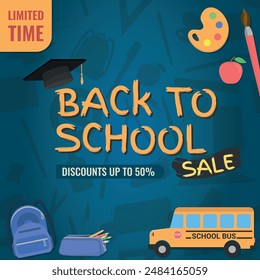 Back to School SALE, Layout and Logo - School Items around Logo with Graduation Cap on Blue School Itens Silhouettes Background. Limited Time, Discounts 50%, Square Shape.