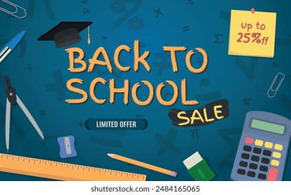 Back to School SALE, Layout and Logo - School Supplies around the Logo on Blue Background with Mathematical Symbols. Limited Offer, Note 25% off, Rectangle Shape.