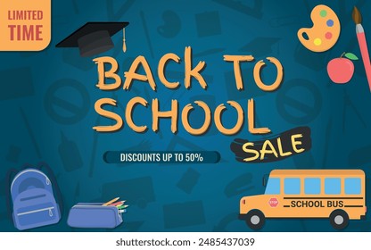 Back to School SALE, Layout and Logo - School Items around Logo with Graduation Cap on Blue School Itens Silhouettes Background. Limited Time, Discounts 50%, Rectangle Shape.