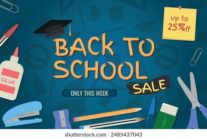 Back to School SALE, Layout and Logo - School Supplies around the Logo on Blue School Itens Silhouettes Background. Only This Week, Note 25% off, Rectangle Shape.