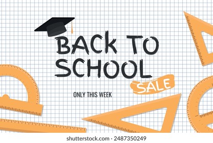 Back to School SALE, Layout - Various Types of Rulers around the Logo with Graduation Cap on Squared Paper Sheet. Only This Week, Rectangle Shape.