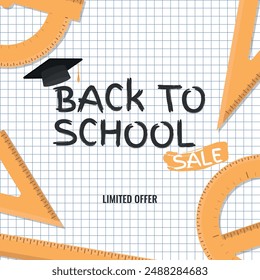 Back to School SALE, Layout - Various Types of Rulers around the Logo with Graduation Cap on Squared Paper Sheet. Limited Offer, Square Shape.
