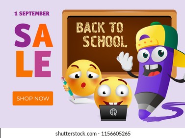 Back to school sale leaflet design with cartoon pencil, smart emoticons and chalkboard. Text can be used for signs, posters, banners, promo flyers