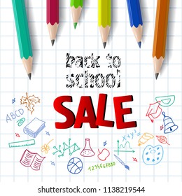 Back to school, sale lettering with color pencils. Offer or sale advertising design. Typed text, calligraphy. For leaflets, brochures, invitations, posters or banners.