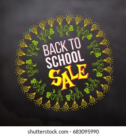 Back to school sale lettering in doodle frame on blackboard background. Hand drawn education sketch symbols. Typography back to school Sale for business banners, posters, flyers.