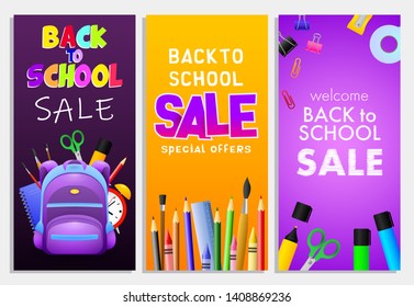 Back to school sale letterings set, backpack, pencils, brushes. Offer or sale advertising design. Typed text, calligraphy. For leaflets, brochures, invitations, posters or banners.