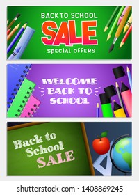 Back to school sale letterings set, chalkboard, notebooks, pencils. Offer or sale advertising design. Typed text, calligraphy. For leaflets, brochures, invitations, posters or banners.