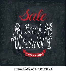 Back to School Sale lettering.Supplies pattern background.Vector hand drawn and writing lettering titles.Doodles School.Illustration Design Elements,Sketchy outline on Chalkboard Background.Poster