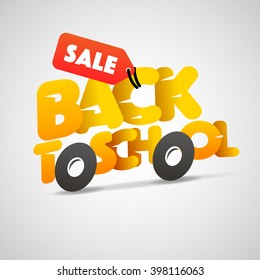 Back to school sale logo, school bus make from letters, vector illustration.