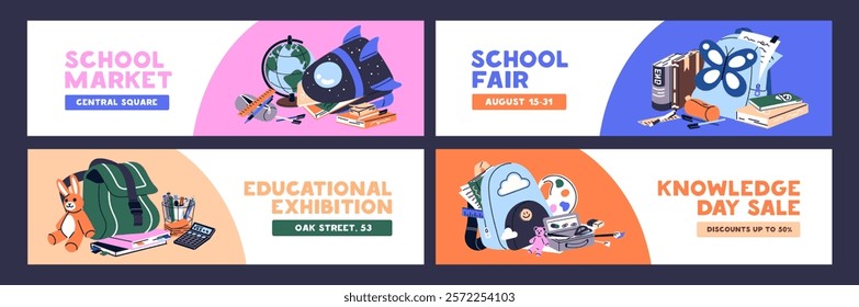 Back to school sale in markets promotion templates set. Designs of advertising banners with backpacks, schoolbags, supplies. Posters with knapsacks, rucksacks, stationery. Flat vector illustrations