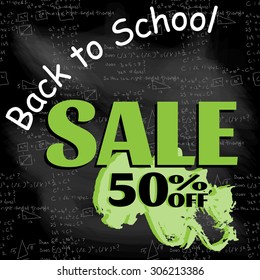 Back to School Sale Mathematical formulas vector background pattern. Handwriting on chalk board. 