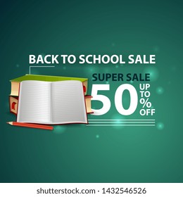Back to school sale, modern creative 3D web banner with school textbooks and notebook