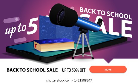 Back to school sale, modern discount web banner for your website with a smartphone, telescope, a map of the constellations and the encyclopedia of astronomy